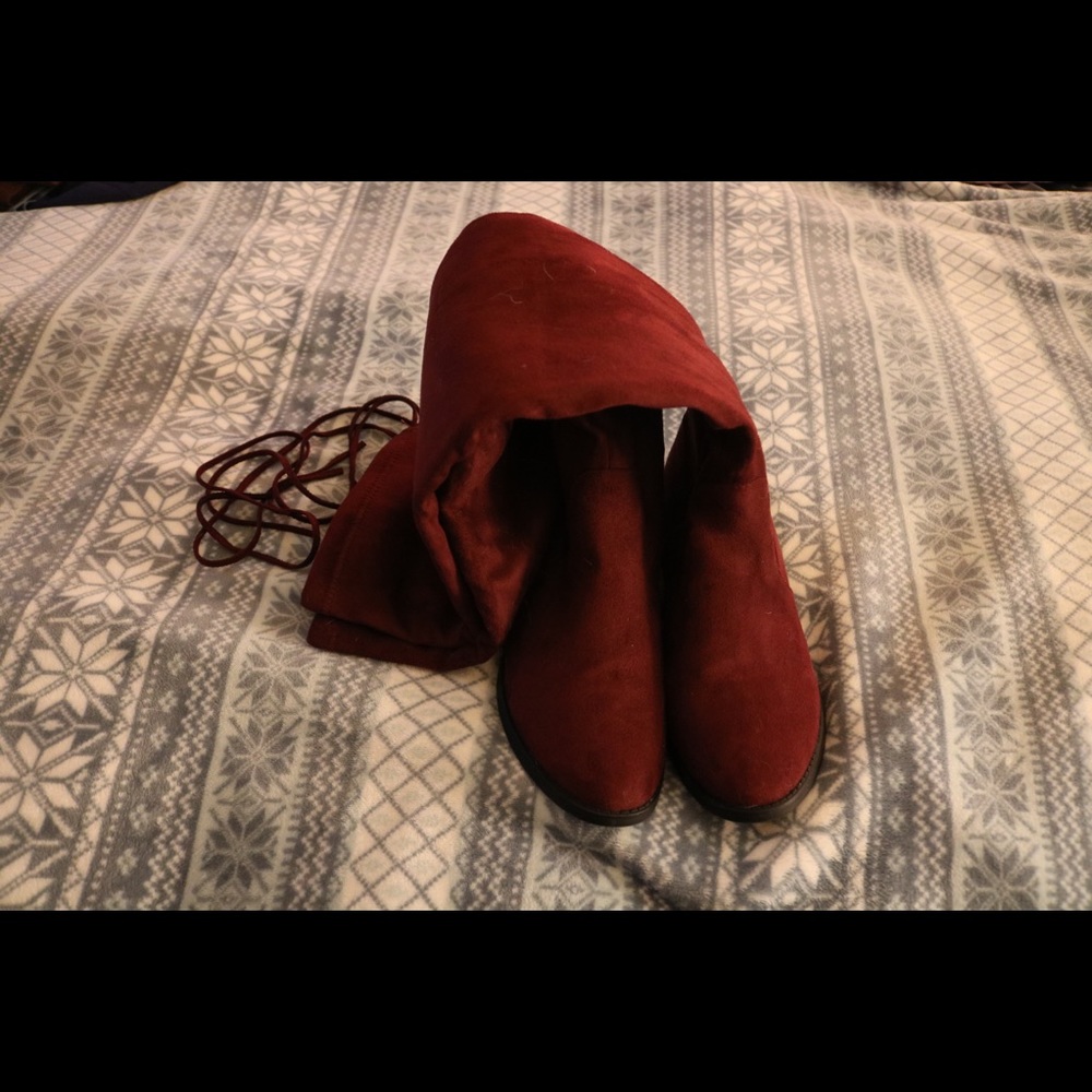 Burgundy over the knee tie boots